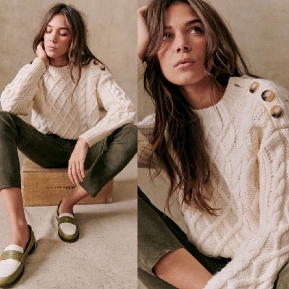 SEZANE James Merino Wool Cable Knit Jumper Sweater in Ecru Size S